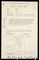Kenner, George Wallace: certificate of election to the Royal Society