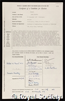 Coales, John Flavell: certificate of election to the Royal Society