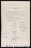 Percy, Hugh Algernon: certificate of election to the Royal Society