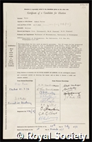 Perry, Samuel Victor: certificate of election to the Royal Society