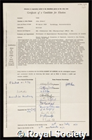 Vane, John Robert: certificate of election to the Royal Society