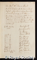 Hunt, Thomas: certificate of election to the Royal Society