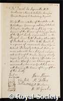 Superville, Daniel de: certificate of election to the Royal Society