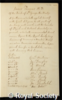 Parsons, James: certificate of election to the Royal Society