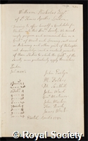 Nicholas, William: certificate of election to the Royal Society