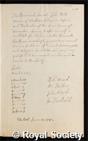 Lisle, Samuel: certificate of election to the Royal Society