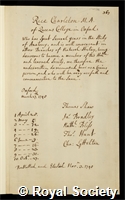 Charleton, Rice: certificate of election to the Royal Society