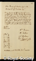 Bacon, John: certificate of election to the Royal Society