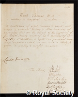 Thomas, Sir Noah: certificate of election to the Royal Society