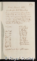 Akenside, Mark: certificate of election to the Royal Society