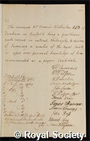 Wollaston, Francis: certificate of election to the Royal Society