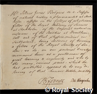 Bergius, Peter Jonas: certificate of election to the Royal Society