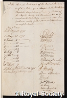 Justamond, John Obadiah: certificate of election to the Royal Society