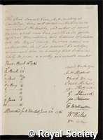 Vince, Samuel: certificate of election to the Royal Society