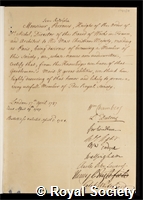 Perronet, Jean Rodolphe: certificate of election to the Royal Society