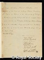 Schreber, Johann Christian Daniel von: certificate of election to the Royal Society