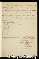 Hyett, Benjamin: certificate of election to the Royal Society