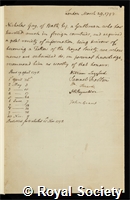 Gay, Nicholas: certificate of election to the Royal Society