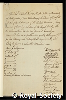 Nares, Robert: certificate of election to the Royal Society