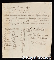 Camac, William: certificate of election to the Royal Society