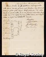 Gordon, Thomas: certificate of election to the Royal Society