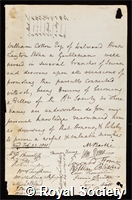 Cotton, William: certificate of election to the Royal Society