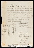 Caley, John: certificate of election to the Royal Society