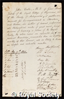 Cooke, John: certificate of election to the Royal Society