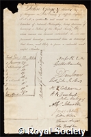 Rokewode, John Gage: certificate of election to the Royal Society