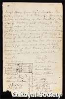 Green, Joseph Henry: certificate of election to the Royal Society