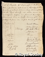 Broughton, Samuel Daniel: certificate of election to the Royal Society