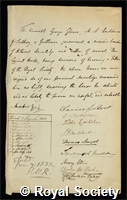 Glover, George: certificate of election to the Royal Society