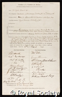 Grant, Sir Thomas Tassell: certificate of election to the Royal Society