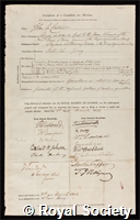 Couteur, Sir John Le: certificate of election to the Royal Society