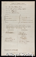 Haweis, John Oliver Willyams: certificate of candidature for election to the Royal Society