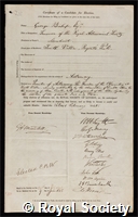 Bishop, George: certificate of election to the Royal Society