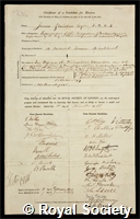 Glaisher, James: certificate of election to the Royal Society