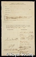 Stephenson, Robert : certificate of election to the Royal Society