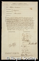 Fairbairn, Sir William: certificate of election to the Royal Society