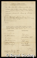 Cumming, John: certificate of election to the Royal Society