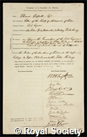 Grissell, Thomas: certificate of election to the Royal Society