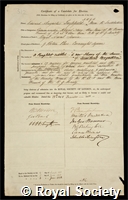 Inglefield, Sir Edward Augustus: certificate of election to the Royal Society