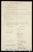 Frankland, Sir Edward: certificate of election to the Royal Society