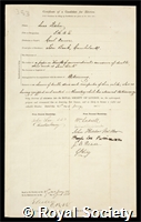 Fletcher, Isaac: certificate of election to the Royal Society