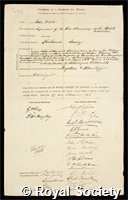 Welsh, John: certificate of election to the Royal Society