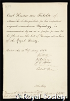 Siebold, Carl Theodore von: certificate of election to the Royal Society