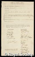Jardin, Sir William: certificate of election to the Royal Society