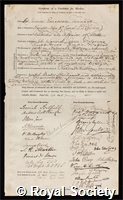 Tennent, Sir James Emerson: certificate of election to the Royal Society