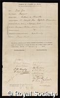 Gore, George: certificate of election to the Royal Society