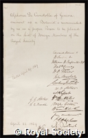 Candolle, Alphonse Louis Pierre Pyramus de: certificate of election to the Royal Society